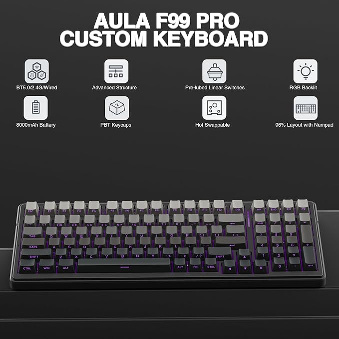 AULA F99 Pro Wireless Mechanical Keyboard, Hot Swappable Custom Keyboard - Image 2