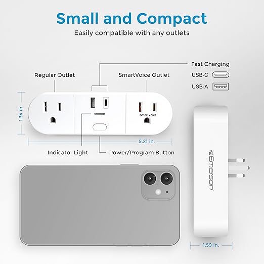 Emerson SmartVoice 4-in-1 Wall Plug, Voice Control Smart Outlet w/ 2 AC - Image 5