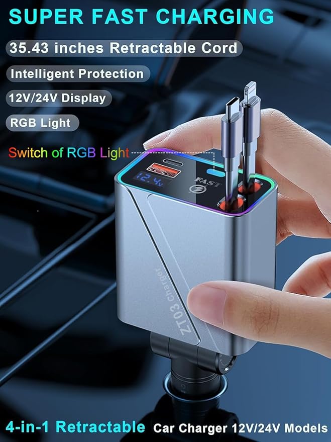4 in 1 Retractable USB C Car Charger Adapter - 146W/65W Fast Charging - Image 2
