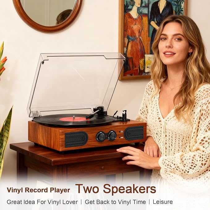 Vinyl Record Player with Walnut Finish, 3-Speed Belt-Drive Turntable with - Image 7