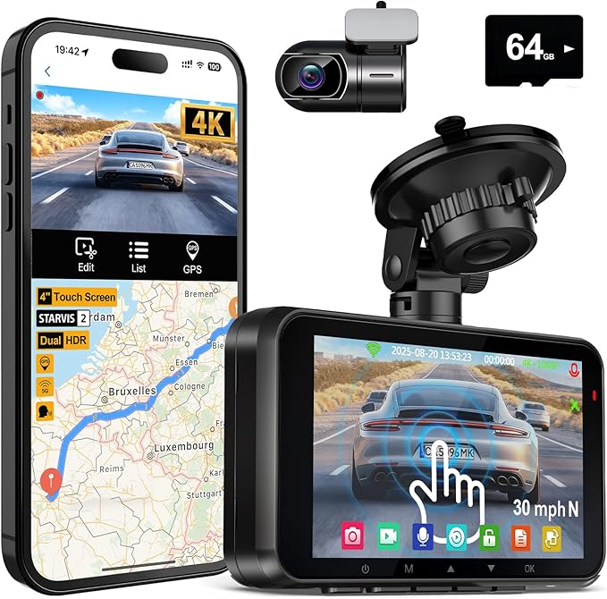 4K Dash Cam Front and Rear STARVIS 2 IMX675 & IMX307 Dual HDR, Car Camera by HUPEJOS