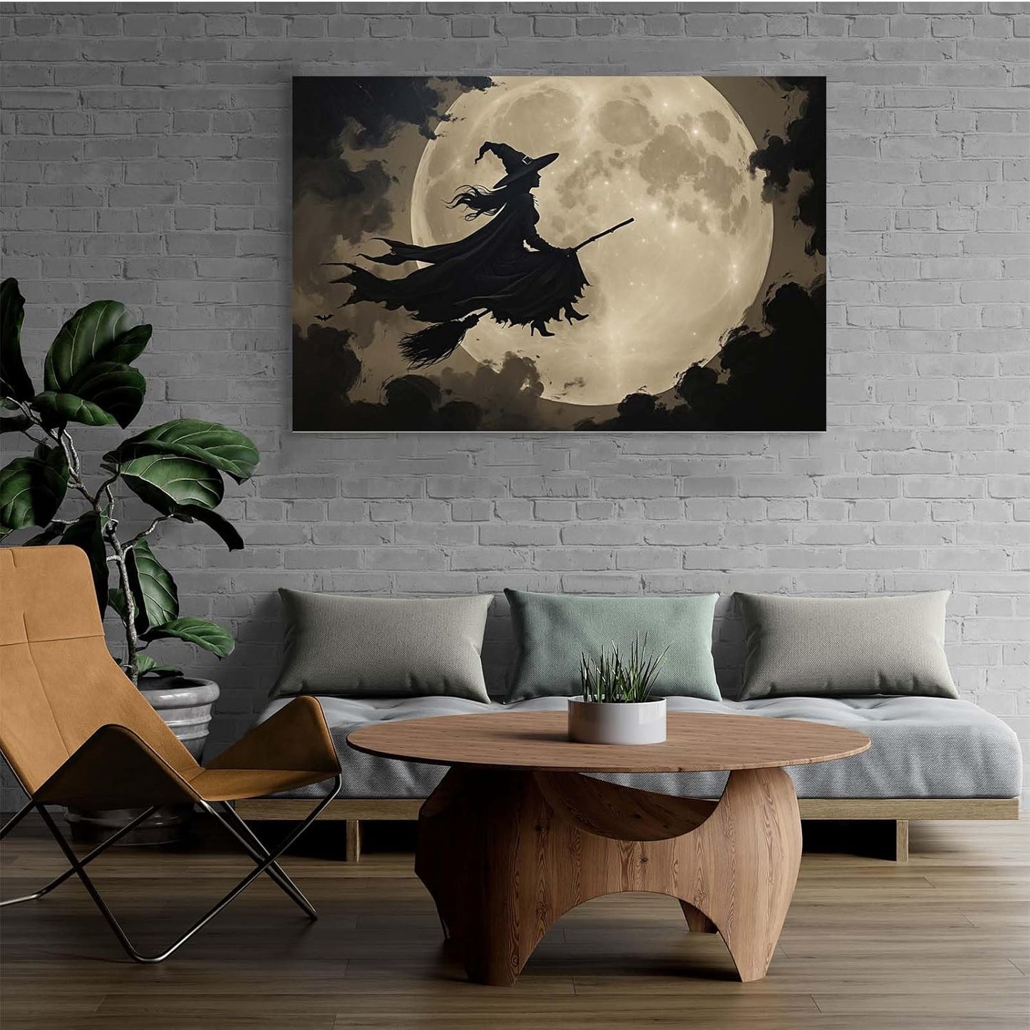 JFHCQJPK Full moon witch silhouette poster witch on magic broom Halloween mural poster decorative mural art suitable for home living room bedroom24x36in Frameless