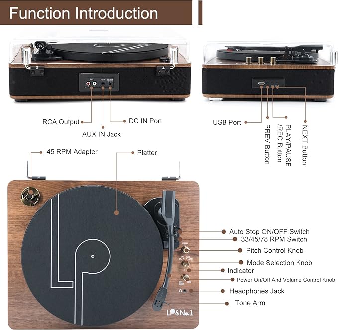 LP&No.1 Record Player with Stereo Speakers, 3-Speed Belt-Drive Turntable - Image 2