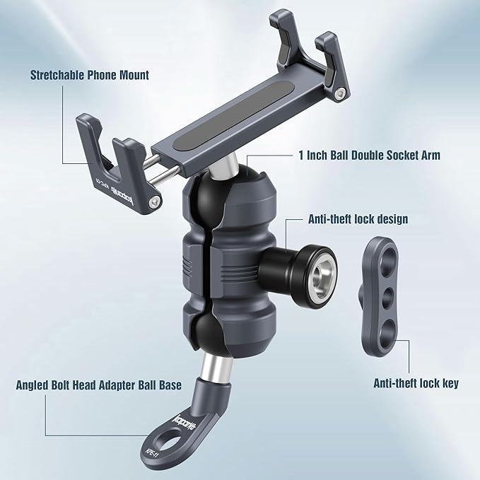 Motorcycle Phone Clip Kit, Anti-Theft Double Socket Arm/Angled Bolt-Head - Image 2