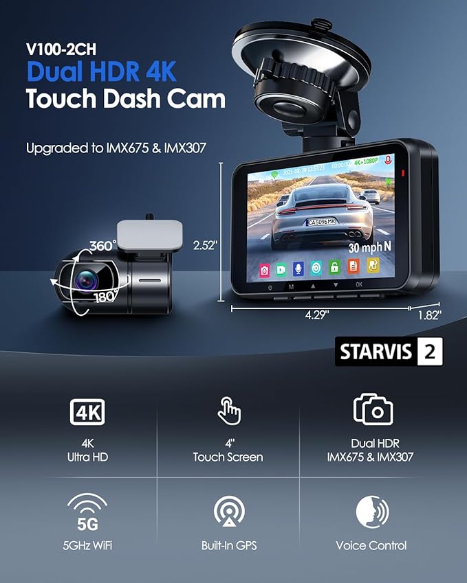 4K Dash Cam Front and Rear STARVIS 2 IMX675 & IMX307 Dual HDR, Car Camera - Image 3