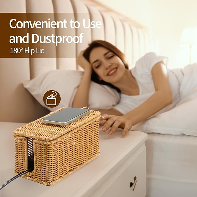 Delamu Handmade Rattan Cable Management Box, Cord Organizer - Image 5