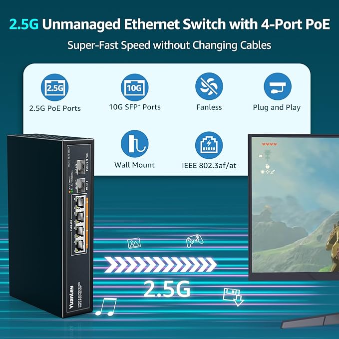 YuanLey 6 Port 2.5G PoE Switch Unmanaged, 4 x 2.5G Base-T PoE Ports, 2 x 10G SFP - Image 2