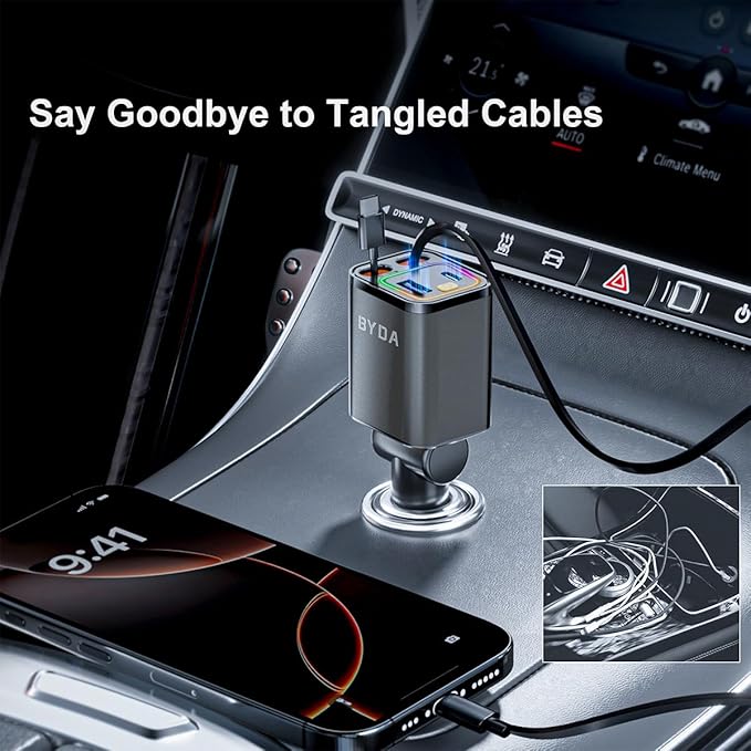 Retractable Car Charger, 4 in 1 Fast Charging USB-C & USB-A Compatible - Image 2