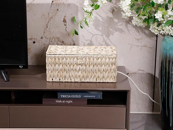 Cable Management Box, Boho Decorative Handwoven 2 Open Slots Cord Organizer - Image 3