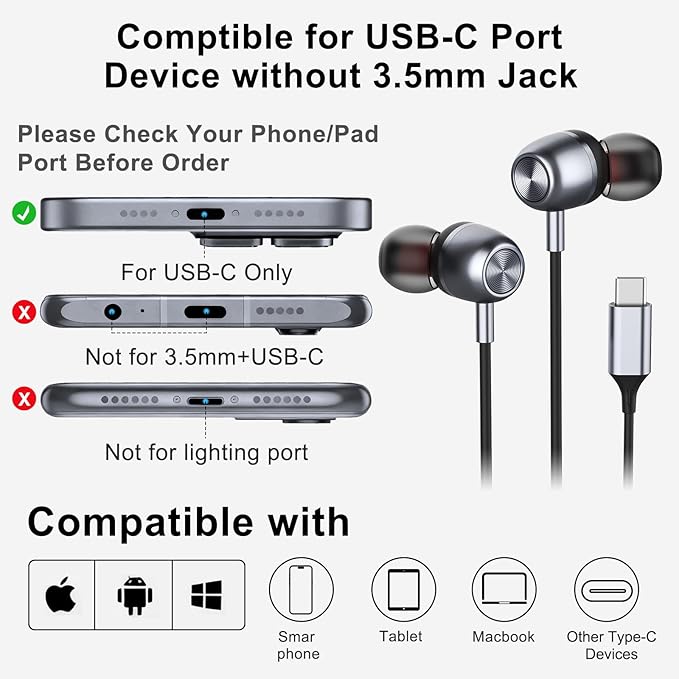 USB C Headphones for Samsung S26 S25 S24 S23 FE S22 S21 S20 A53 A54 Wired - Image 6