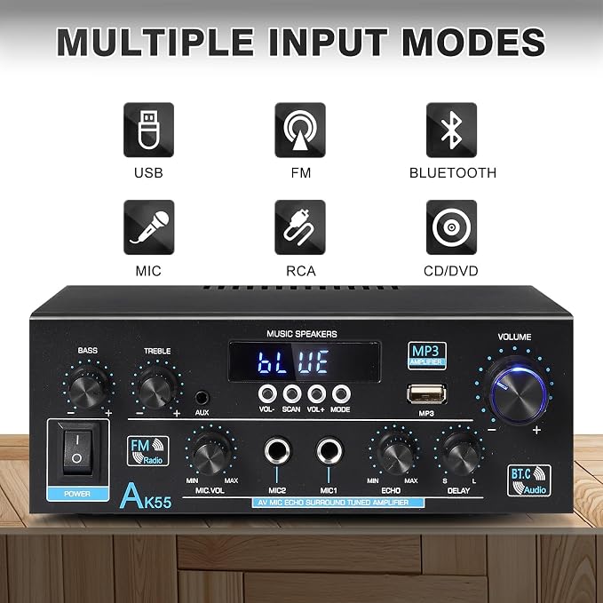 AK55 Bluetooth 5.0 Amplifier Home Audio, 2.0 Channel Max 450W Power Stereo - Image 2