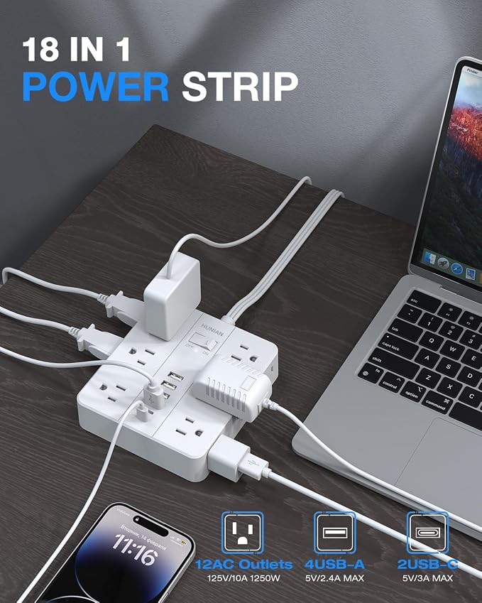 Surge Protector Power Strip 15 Ft Cord, HUNIAN Flat Plug Extension Cord - Image 2