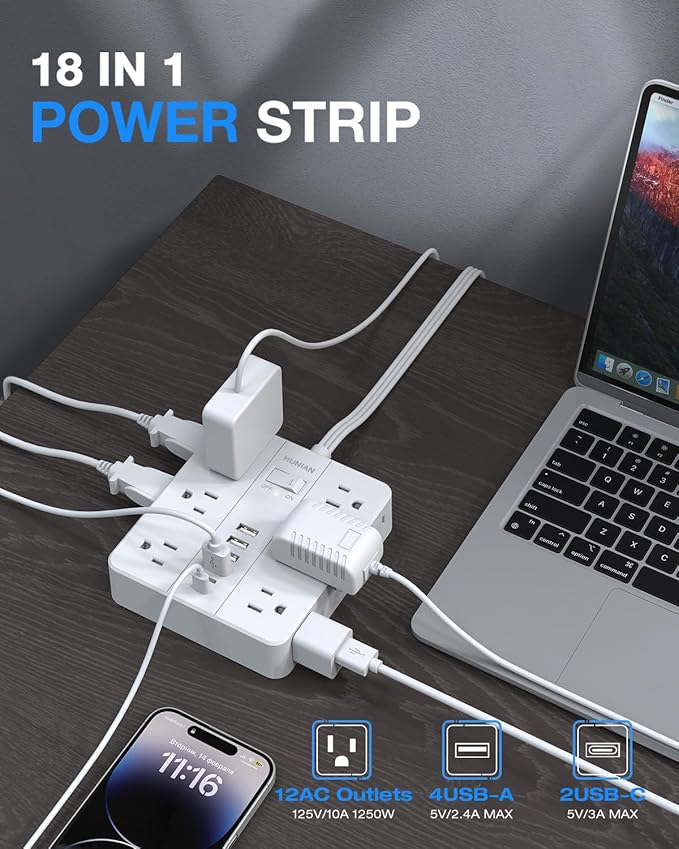 Flat Plug Surge Protector Power Strip, HUNIAN 12 Widely Spaced Outlets - Image 2