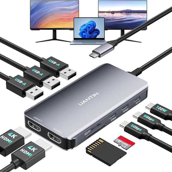 UANTIN USB C Docking Station Dual Monitor, 10-in-1 USB C to Dual HDMI Adapter by UANTIN