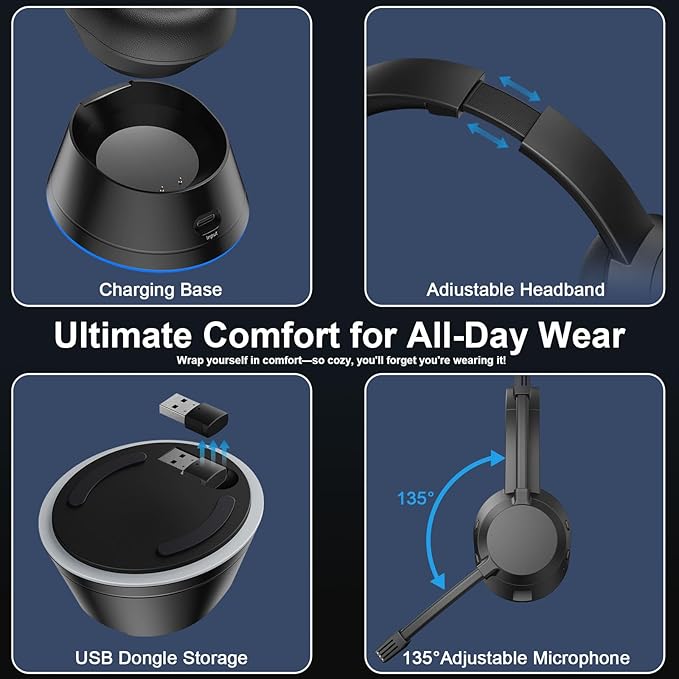 Wireless Headset with Mic for Work, Wireless Headphones with USB Dongle & - Image 7