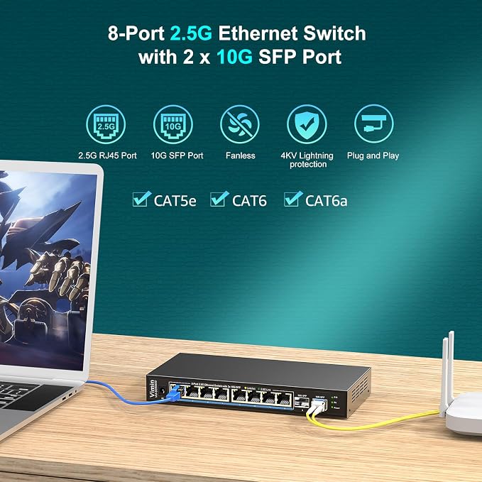 10 Port 2.5G Switch Unmanaged, VIMIN 8X 2.5G Switch Base-T Ports+2X 10G SFP Port - Image 2