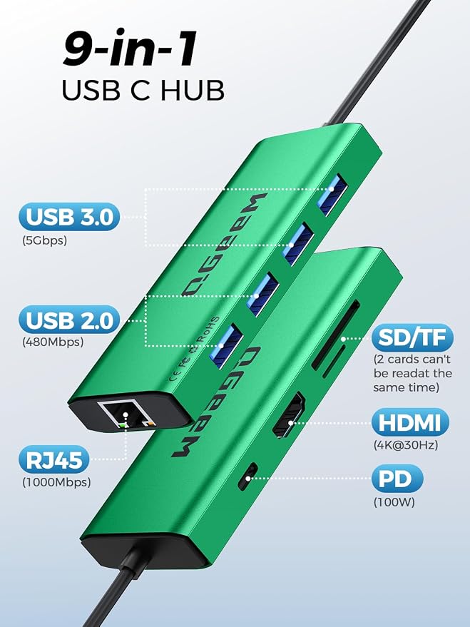 QGeeM USB C Hub Ethernet, 9 in 1 USB Type C Hub HDMI Multi-Port Converter - Image 2