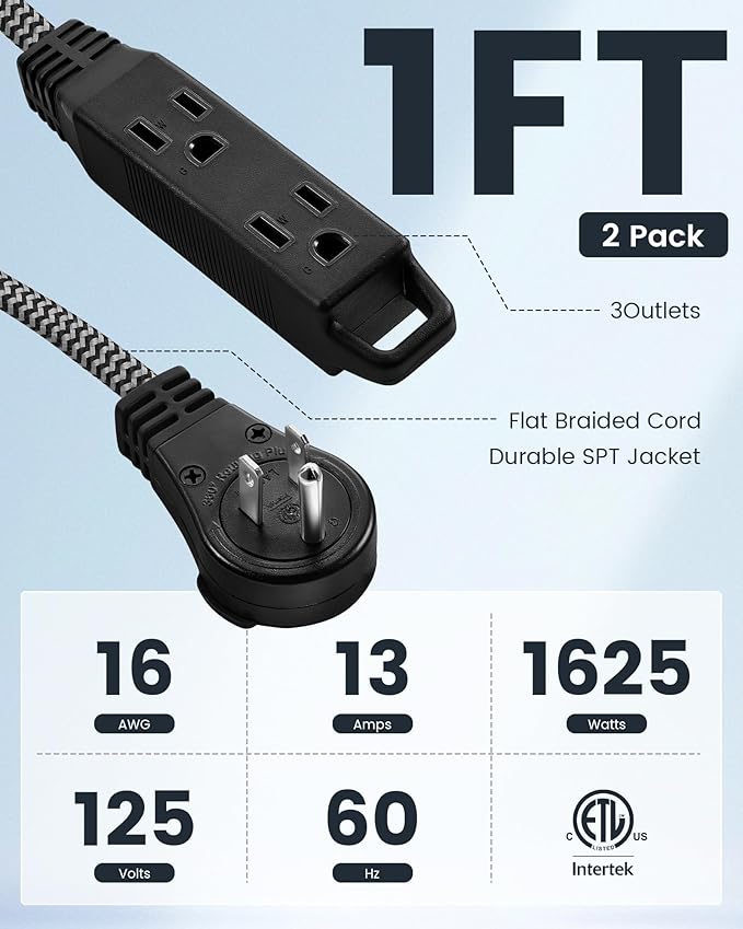 SURAIELEC 1FT 360° Rotating Flat Plug Extension Cord Flat Wall Plug - Image 2