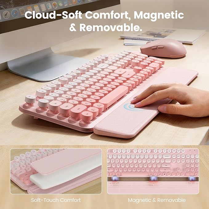 Wireless Keyboard and Mouse Combo, Magnetic Soft-Touch Wrist Rest, Round Keycaps - Image 3