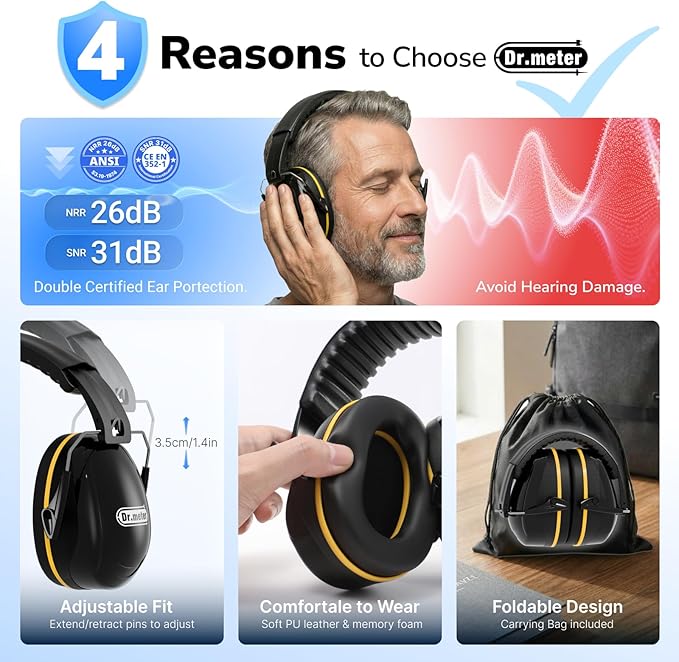 Dr.meter Hearing Protection Ear Muffs, 31dB Noise Reduction Safety Earmuffs - Image 5