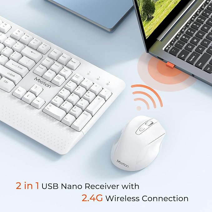 MEETION White Wireless Keyboard and Mouse, 2.4G USB Receiver Plug-and-Play - Image 2