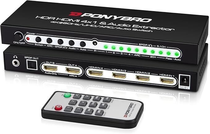 HDMI 2.0 Switch 4 Port with Audio Extractor – 4K@60Hz HDR10, Optical/AUX/ARC by PONYBRO