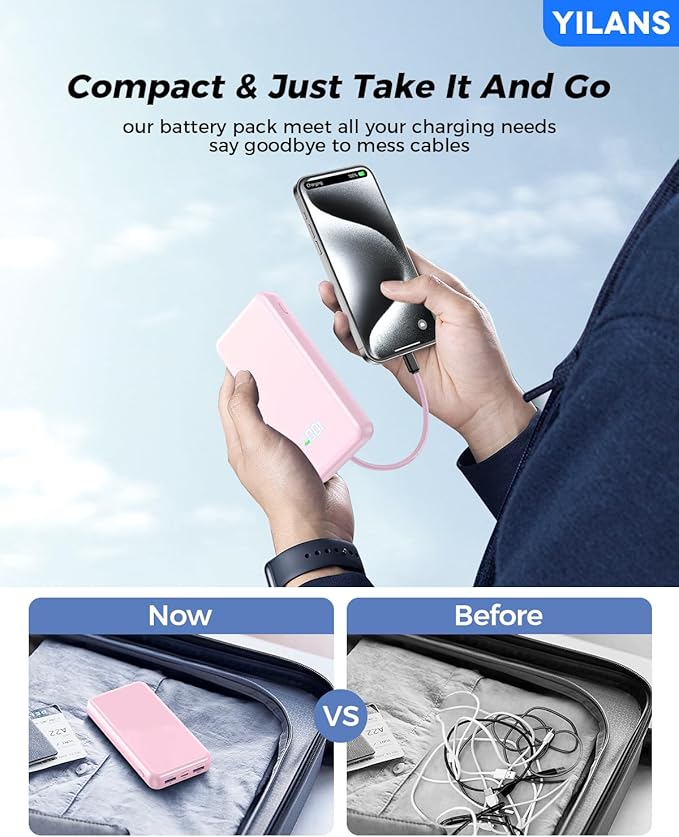 Portable Charger, 42800mAh Power Bank Built-in Cable, 22.5W PD USB C In & Out - Image 4
