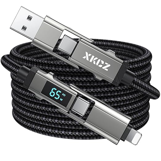 4 in 1 USB C Cable with Wattage Display, 65W Round Nylon Braided Multi Charging by XKCZ