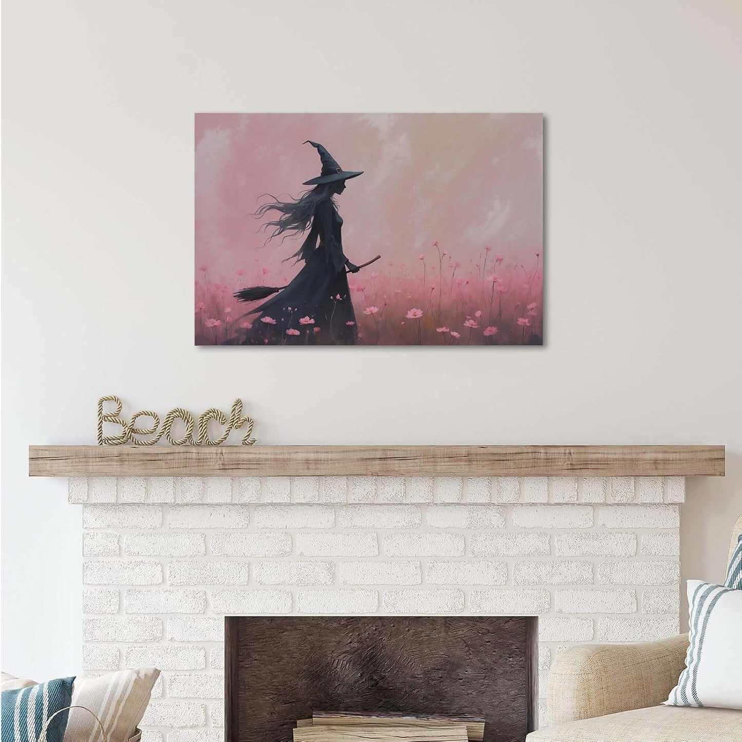 JFHCQJPK Witch in the pink sea of flowers Halloween prints weird flowers wall art silhouette painting fashionable romantic decoration suitable for bedroom16x24in Frameless