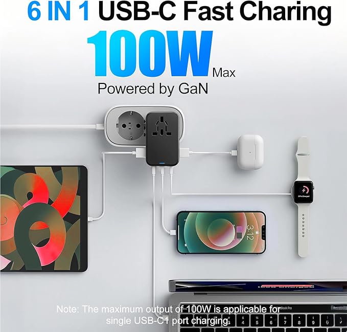JMFONE GaN 100W Universal Travel Adapter, 5 USB Ports & 2500W AC Socket - Image 2