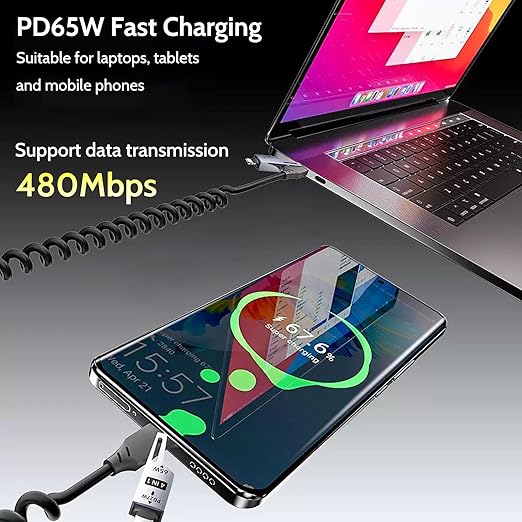 65W 4-in-1 Retractable Fast Charging Cable, 2M/6.5ft Spring Coiled USB-C to - Image 7