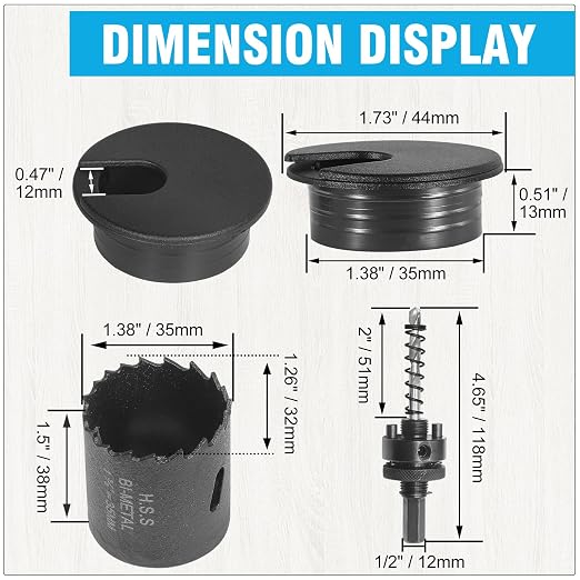 1-3/8" Black Desk Grommet with Bi-Metal Hole Saw, JTemgle Plastic Cable Hole - Image 2