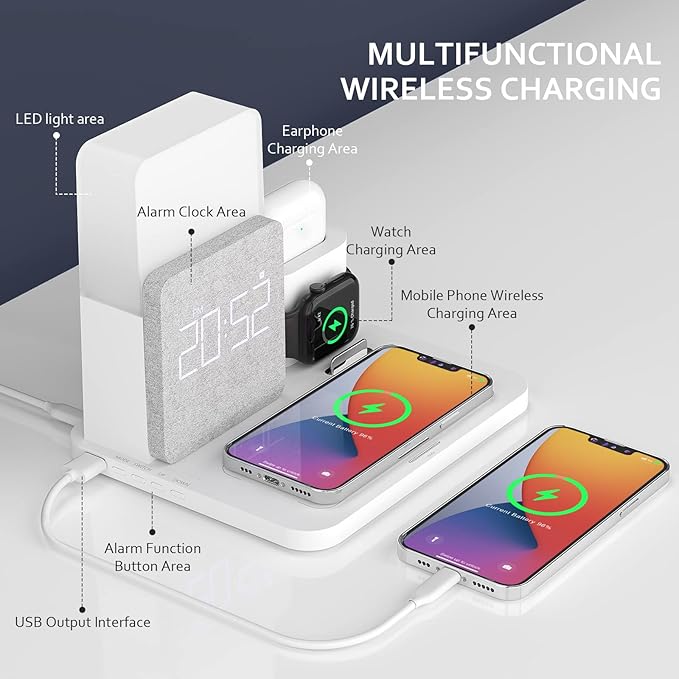 COLSUR Wireless Charging Station, 3 in 1 Charging Station, Alarm Clock - Image 2