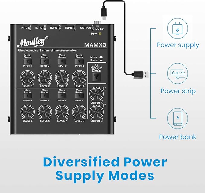 Moukey Audio Mixer, DC 5V, 8 Stereo Ultra, Low Noise 8 Channel Line Mixer - Image 5