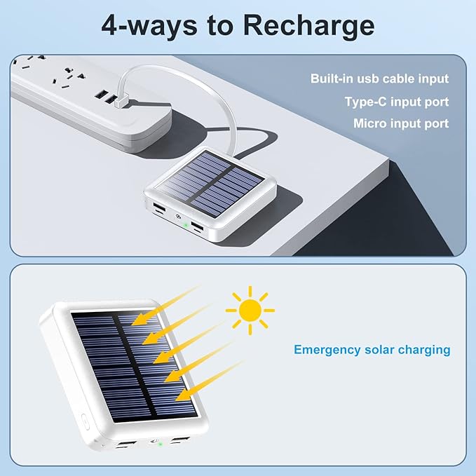Solar Power Bank 12000mAh, Small Solar Charger Built in 4 Cables, USB C - Image 6