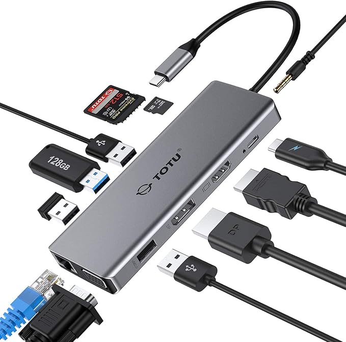 USB C Hub, TOTU Upgraded 13 in 1 Type C Hub to 4K HDMI & DP, 2 USB3.0/2 by TOTU