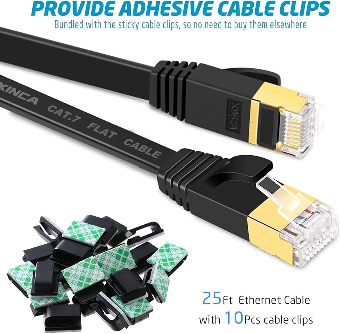 Cat 7 Flat Ethernet Cable 25ft Black, High Speed 10GB Shielded LAN Internet - Image 2
