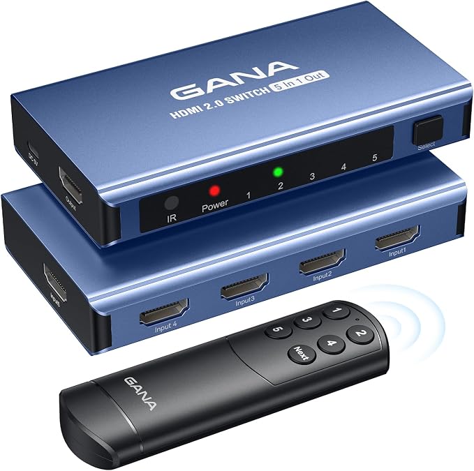 HDMI Switch 5 in 1 Out 4K@60Hz, GANA HDMI Splitter Switcher by GANA