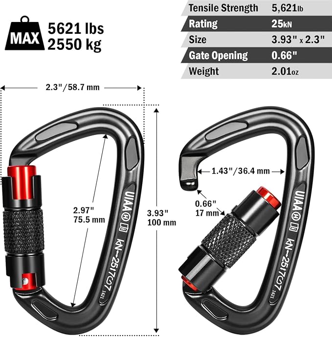 FresKaro UIAA Certified 25KN Auto Locking Climbing Carabiner Clips, Twist Lock - Image 3