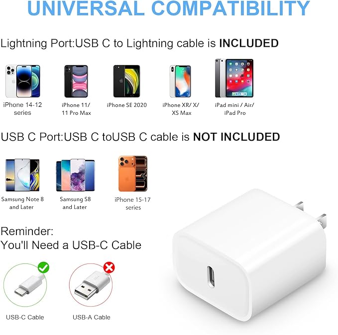 10FT iPhone Fast Charger 3+3Pack 20W USB C Wall Charger - Image 4
