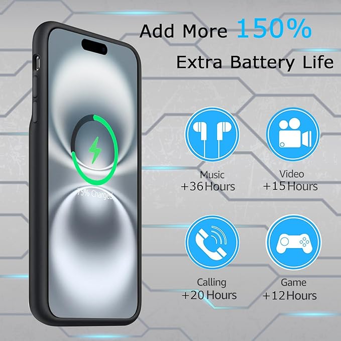 Battery Case iPhone 16 Plus, Upgraded 12000mAh Rechargeable Portable Extended - Image 3