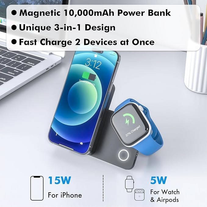Magnetic Wireless Power Bank, 3-in-1 Portable Charger 10000mAh w/Kickstand - Image 2