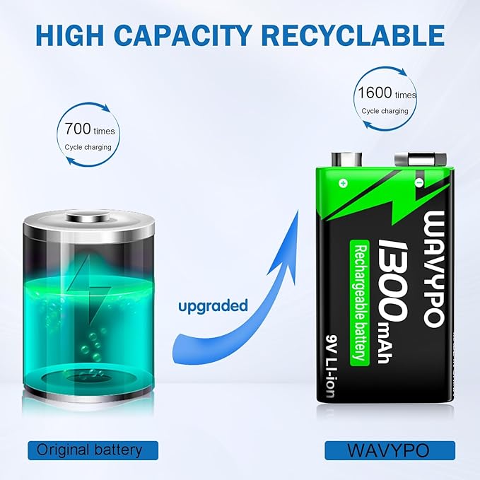 Rechargeable 9V Batteries, 1300mAh 9 Volt Lithium-ion Batteries Long Lasting 9V - Image 3
