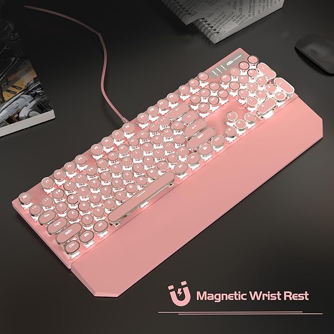 MageGee Typewriter Mechanical Gaming Keyboard, Retro Punk Pink Round Keycaps - Image 6