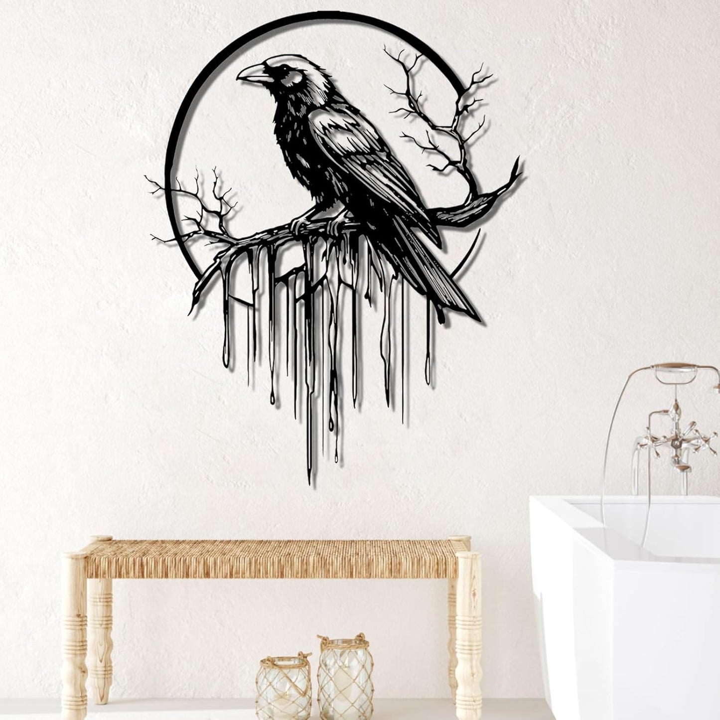 Crow Metal Wall Decor, Raven Wall Art, Large Gothic Raven Decor Hangings, Bird Wall Decor, Metal Tree Branch Decor, Ravens Sign, Raven Art for Living Room (Gold, 19"x15" | 47x38cm, metal wall art)