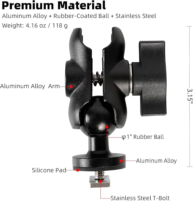 1" Track Ball with T-Bolt Attachment & Short Double Socket Arm, Aluminum Alloy - Image 2