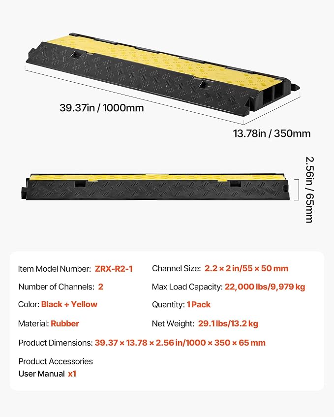 VEVOR Cable Protector Ramp, 2 Channel Heavy Duty 39.37'' Rubber Cord Hose Wire - Image 7