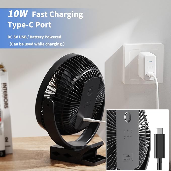 Clip on Fan, Rechargeable Portable Fan, 8 Inch Small Desk Fan - 10000mAh - Image 6