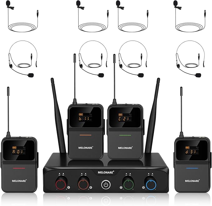 4-Channel Wireless Microphone System, UHF Compact Cordless Mic Set w/ 4x10 by MELONARE