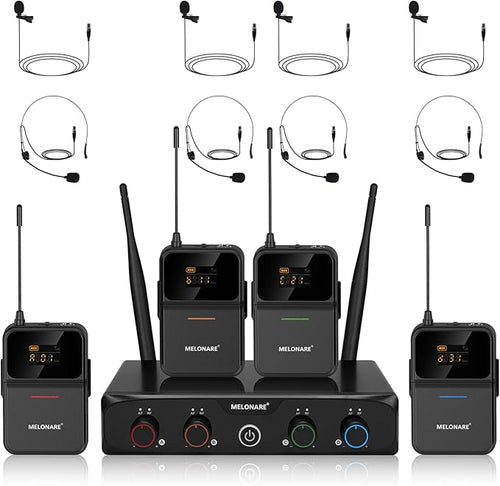 4-Channel Wireless Microphone System, UHF Compact Cordless Mic Set w/ 4x10 by MELONARE